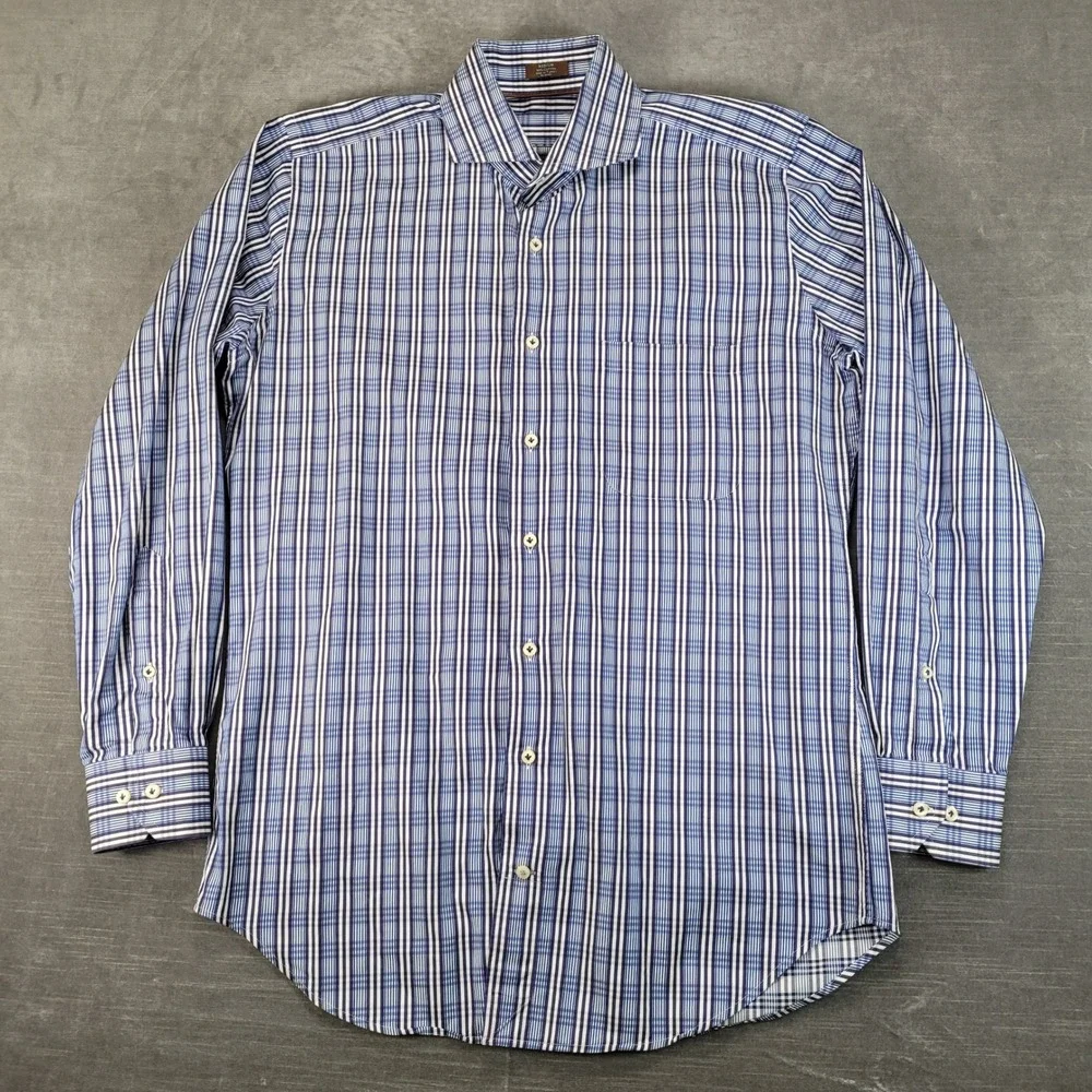 Peter Millar Mens Medium Blue White Striped Cotton Long Sleeve Button Down Shirt
